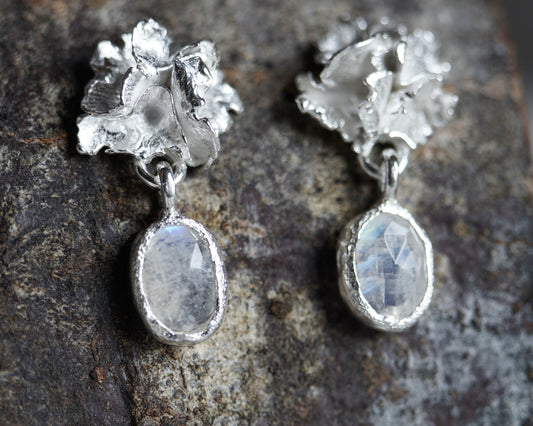 Alpine lichen Moonstone Dangle Earrings - Melissa Yarlett Jewellery