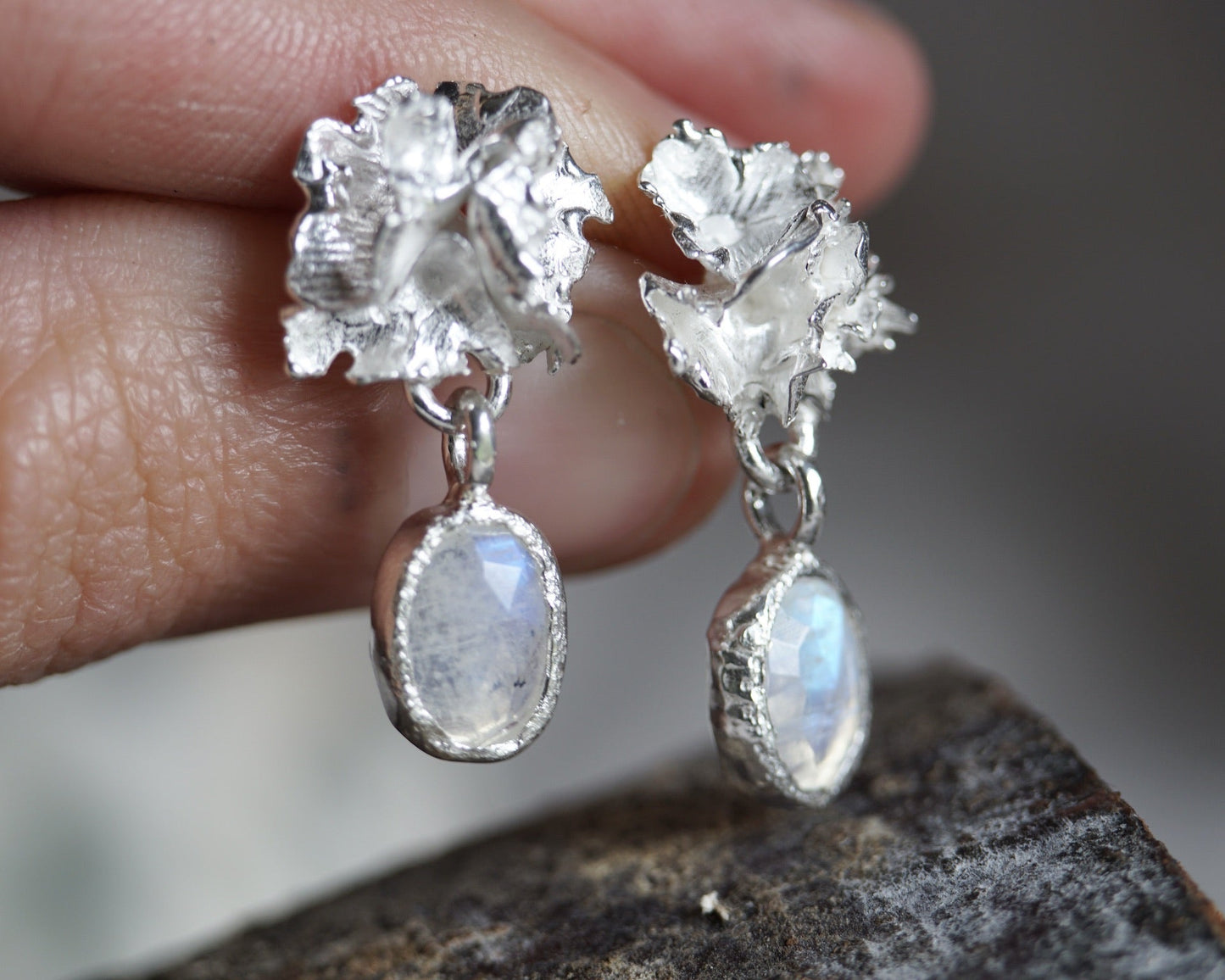 Alpine lichen Moonstone Dangle Earrings - Melissa Yarlett Jewellery