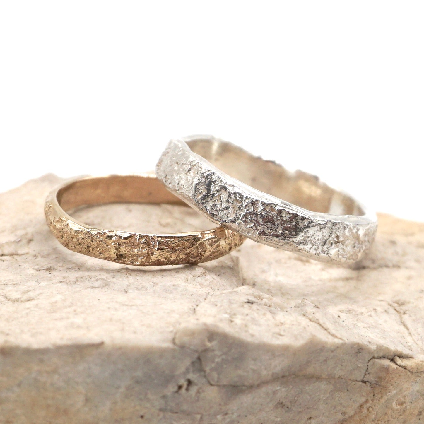 Athos Rock Textured Wedding Rings Gold - Melissa Yarlett Jewellery