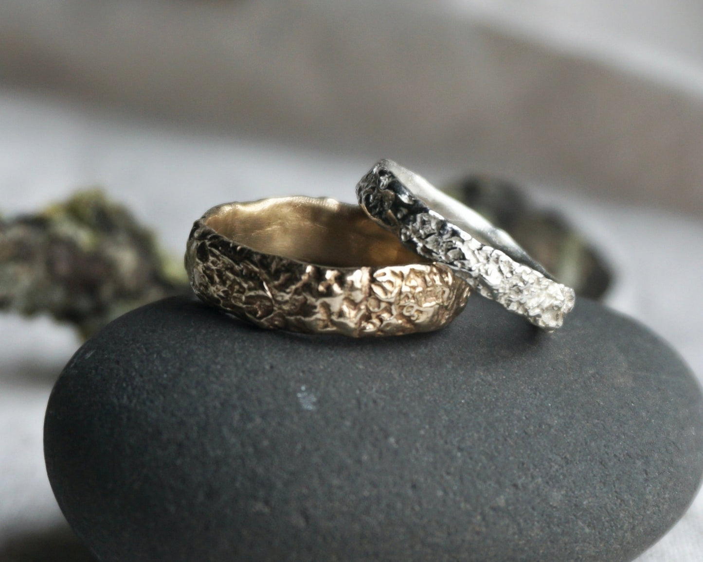 Greenman Lichen Textured Ring Bands - 9ct Gold - Melissa Yarlett Jewellery